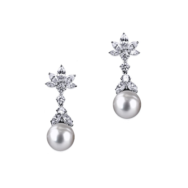 Pearl Earrings with Marquise and Round Accents - White/Grey