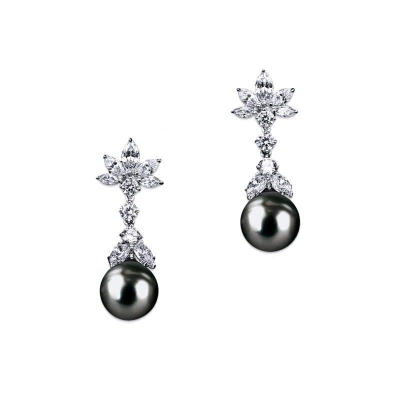 Pearl Earrings with Marquise and Round Accents - White/Grey