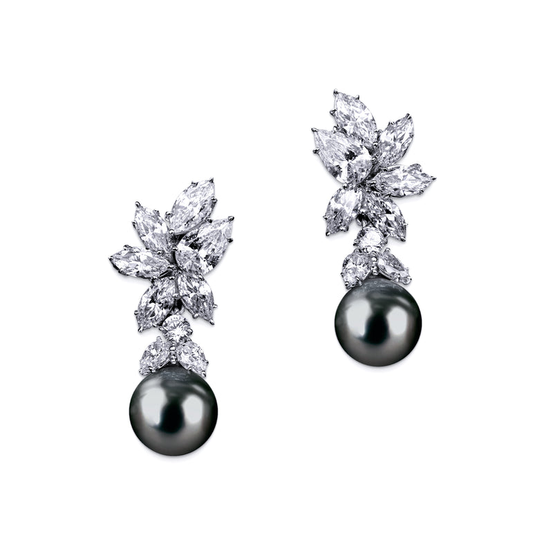 Pearl Earrings with Marquise, Pear, and Round Accents - White/Grey