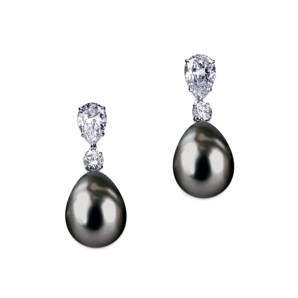 Teardrop Pearl Earrings with Pear and Round Accents - White/Grey