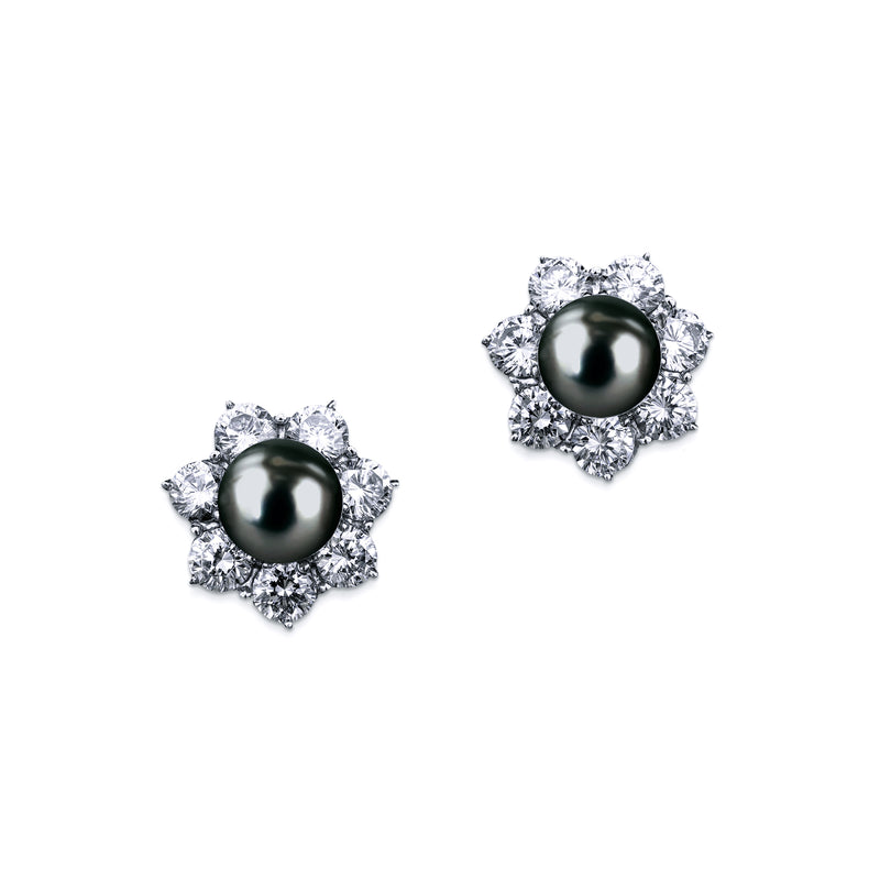 Flower Studs with Pearl Center - White/Grey