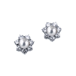 Flower Studs with Pearl Center - White/Grey