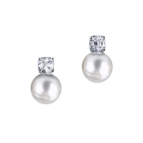 White Pearl Earrings with Asscher Cut Stone