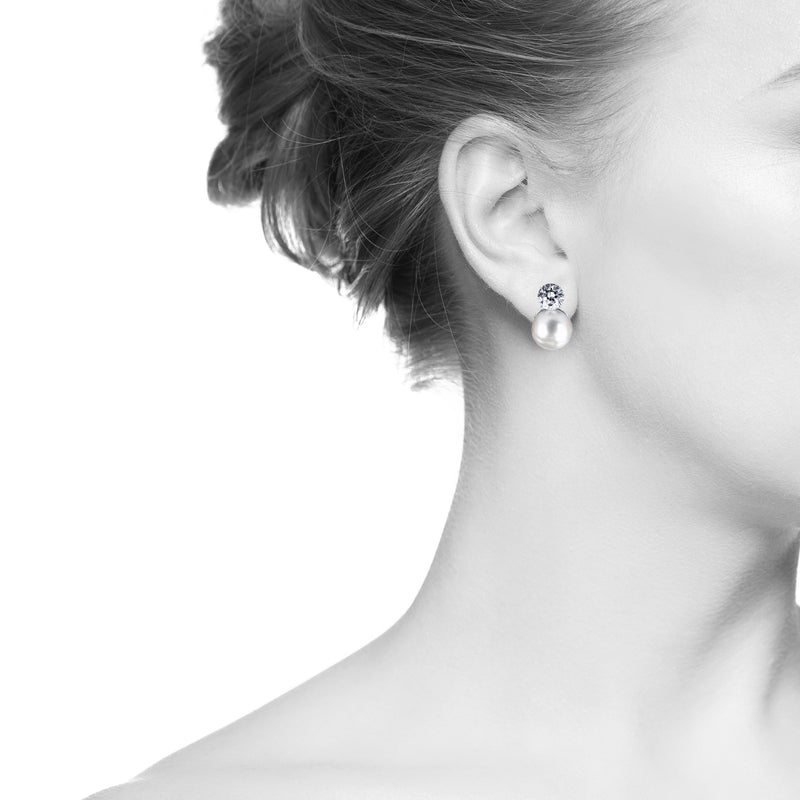 White Pearl Earrings with Round Cut Stone