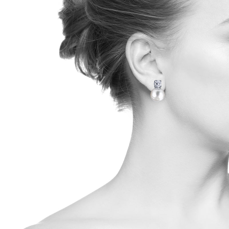 White Pearl Earrings with Asscher Cut Stone