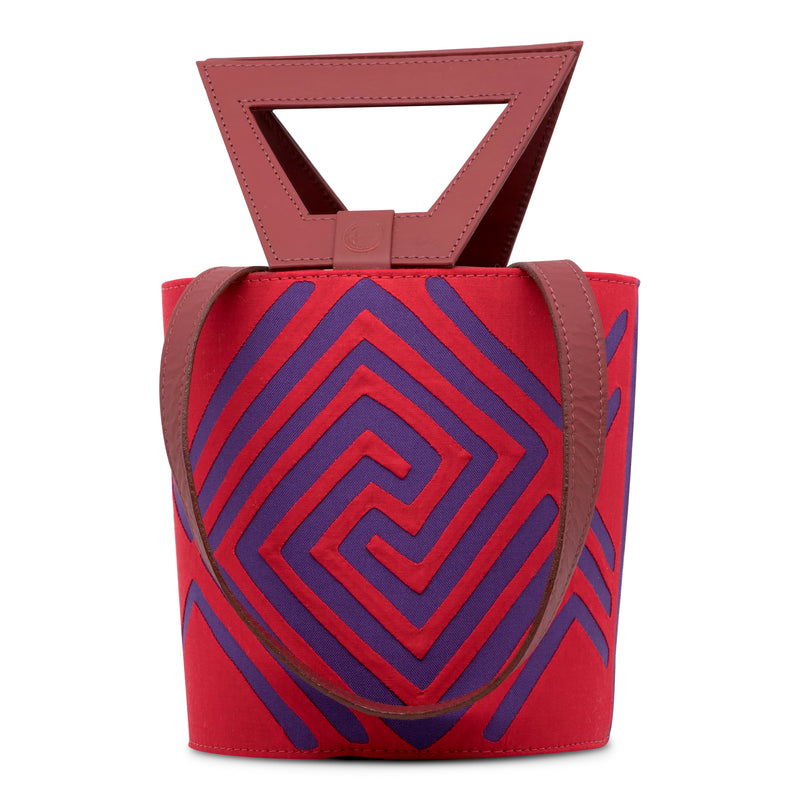 Mola and Leather Bucket Bag - Red