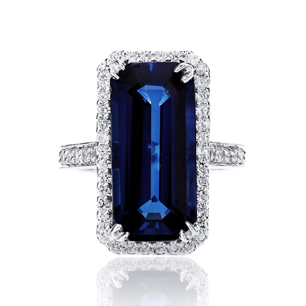Emerald Cut Sapphire Halo Cocktail Ring