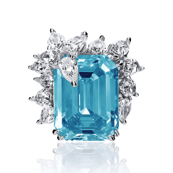 Emerald Cut Aquamarine Cocktail Ring with Pear Shaped Accents