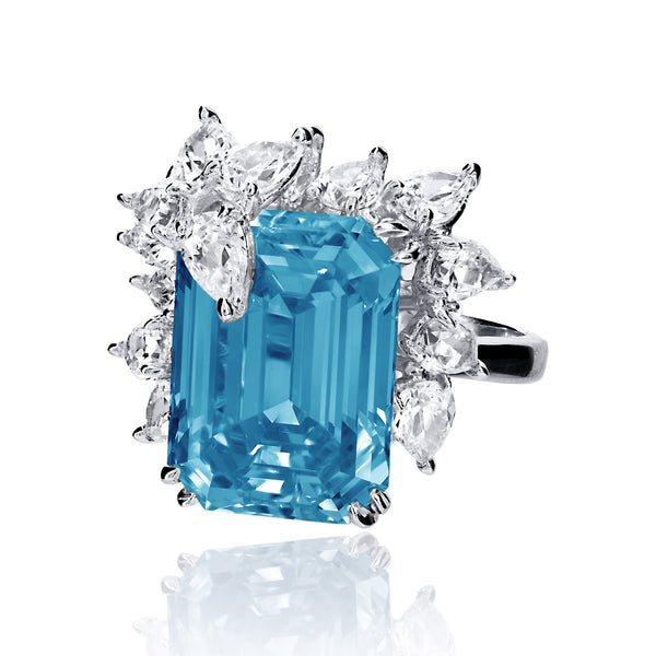 Emerald Cut Aquamarine Cocktail Ring with Pear Shaped Accents