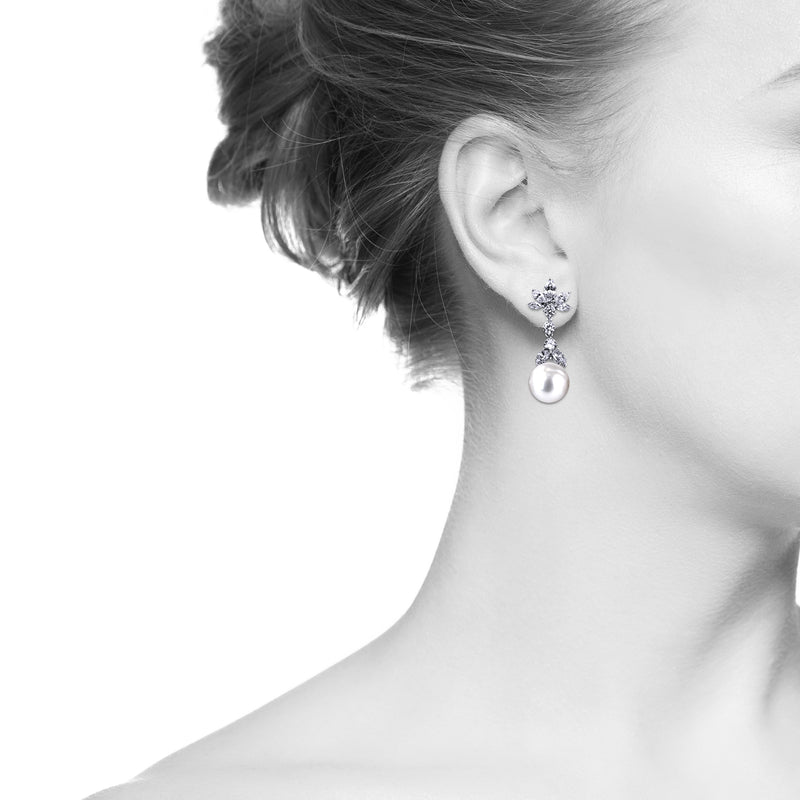 Pearl Earrings with Marquise and Round Accents - White/Grey