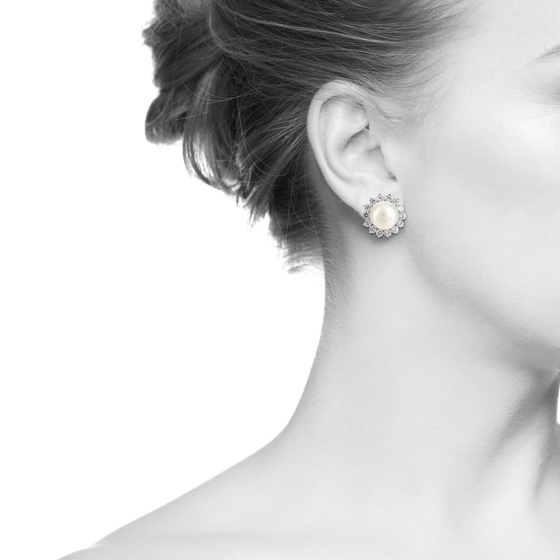 Pearl Studs with Round Floral Cluster - White/Grey