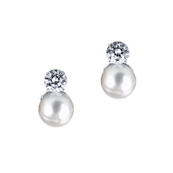 White Pearl Earrings with Round Cut Stone