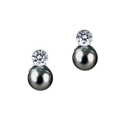 Pearl Earrings with Round Cut Stone - White/Grey