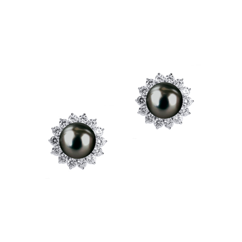 Pearl Studs with Round Floral Cluster - White/Grey