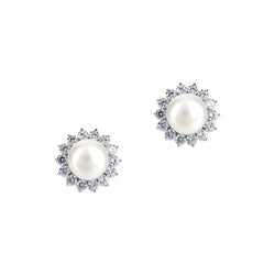 Pearl Studs with Round Floral Cluster - White/Grey